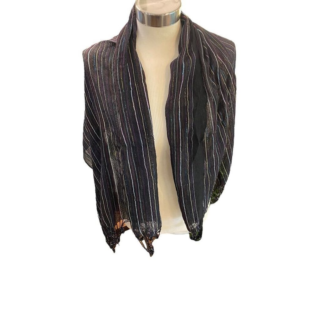 Black Lightweight Metallic Summer Scarf Fringed 58" x 24"
